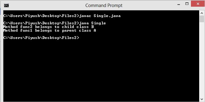 This image describes the output of program of single inheritance in java.